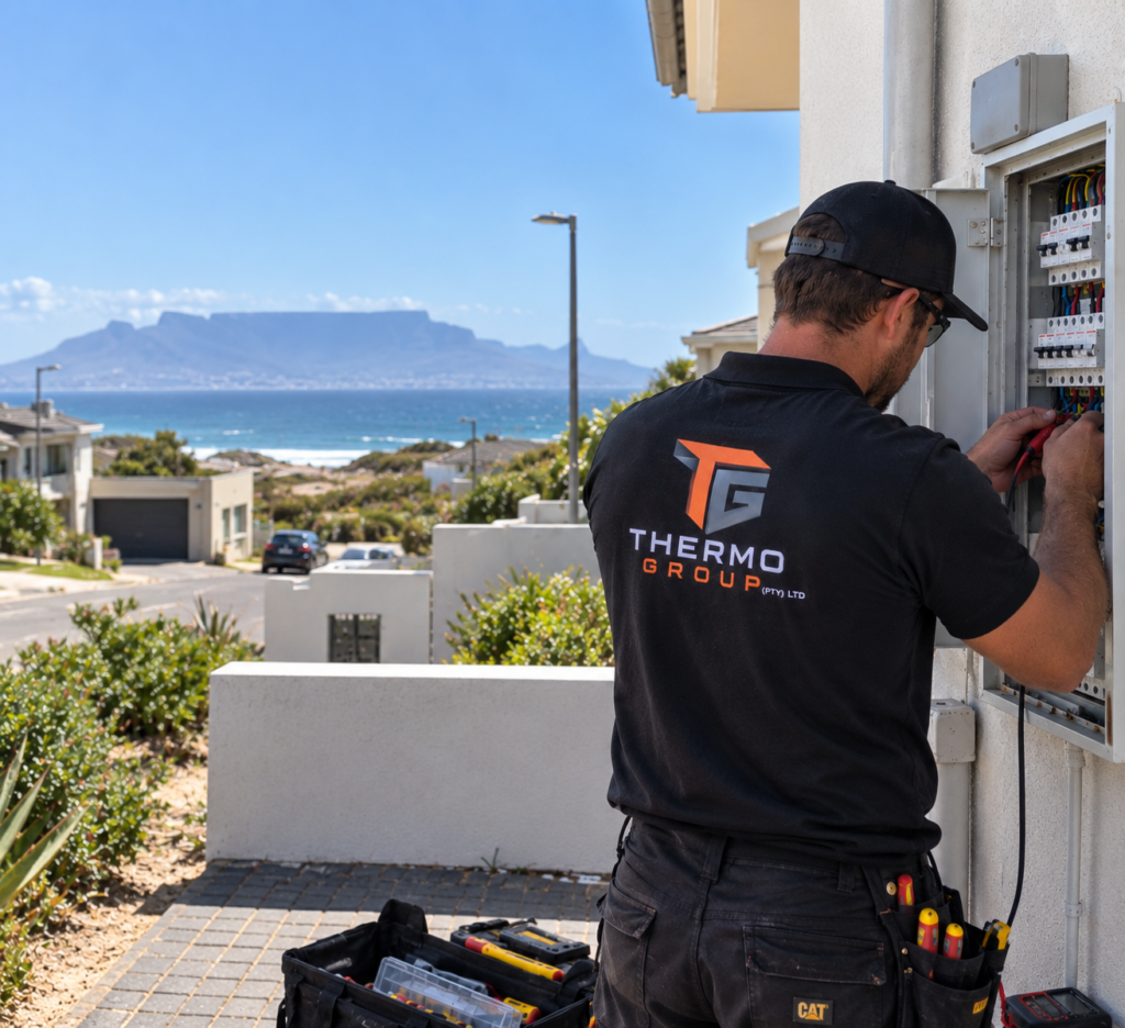 Thermo Group technician working on a distribution board with Table Mountain and the beach in the background, Melkbosstrand