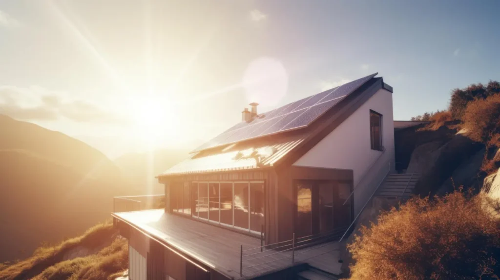 Ecofriendly house with solar panels roof surrounded by green nature generative ai