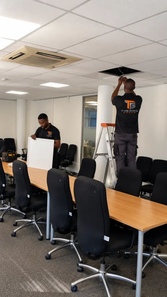 Thermo Group technicians installing ceiling tiles during an electrical and cooling upgrade