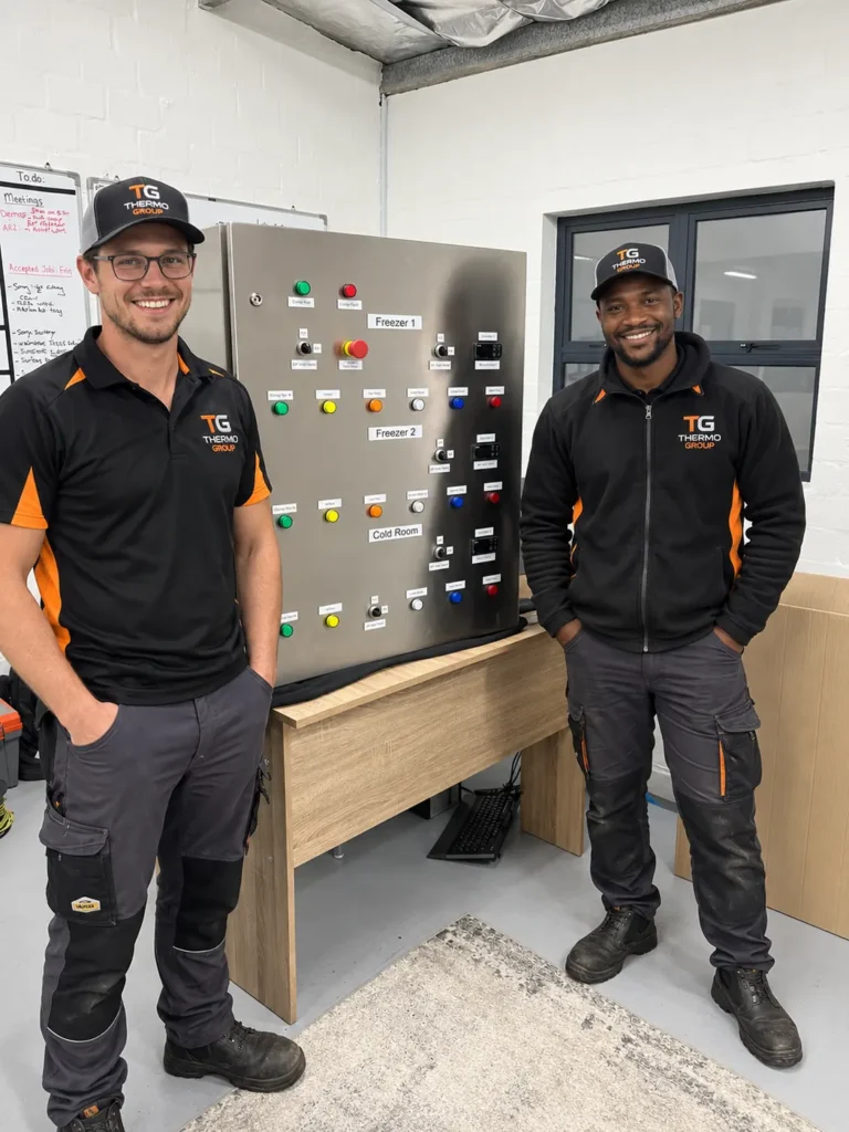 Thermo Group technicians with a commercial cold room and freezer control panel installation