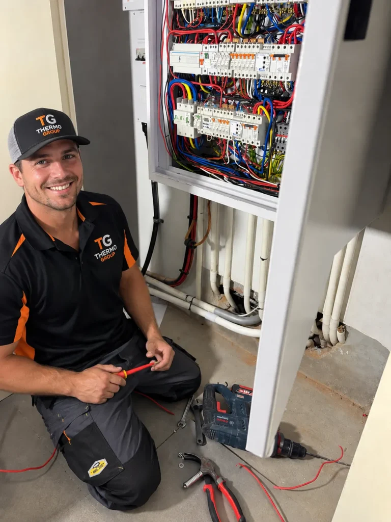 Thermo Group electrician wiring a distribution board during an electrical compliance inspection in Sea Point, Cape Town