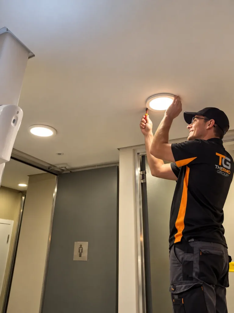 Thermo Group electrician installing LED downlights in a Constantia home, Cape Town