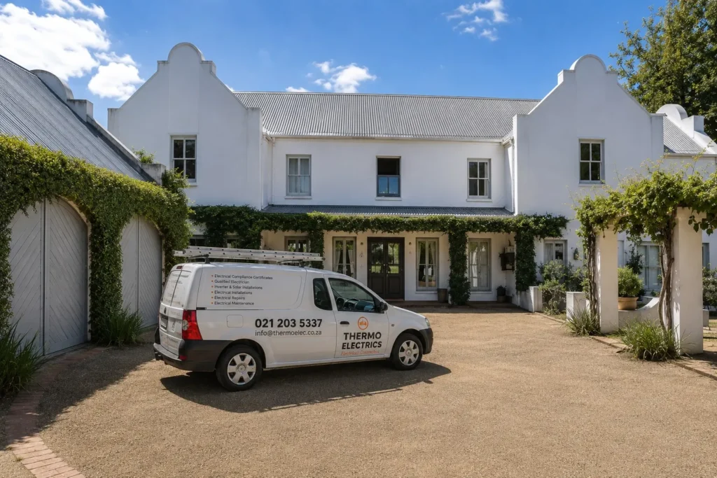 Thermo Electrics service van outside a Cape Dutch style home in Bergvliet