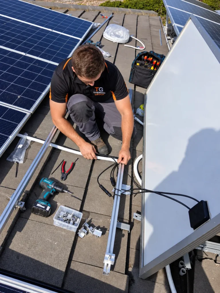 Thermo Group technician installing a solar inverter and battery system in Sunningdale, Cape Town