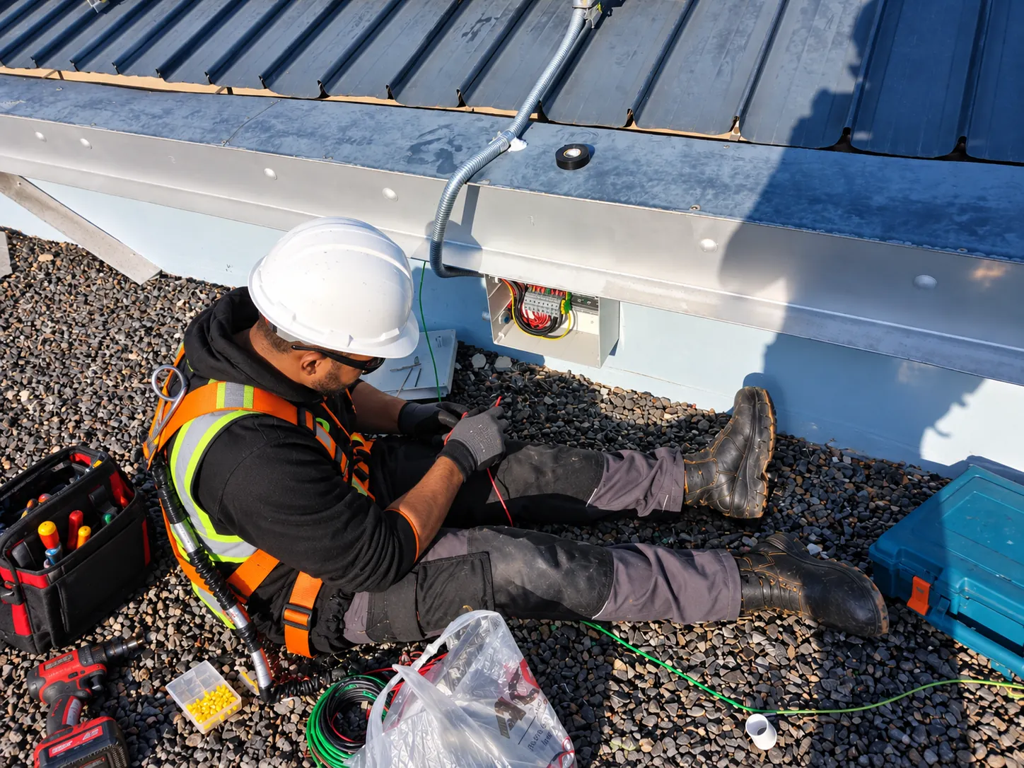 Thermo Group technician fault finding a rooftop junction box on a Cape Town solar installation