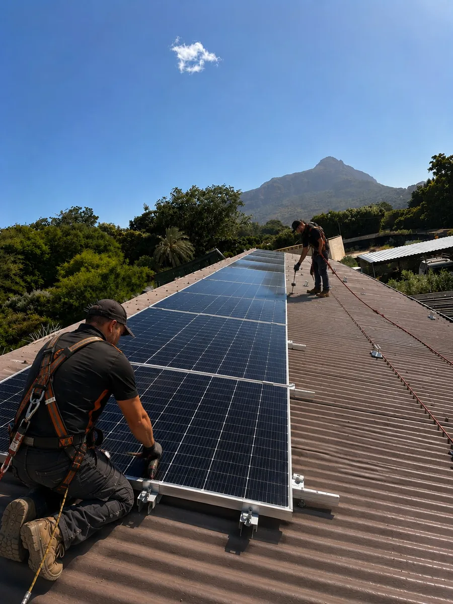 Thermo Group solar installation team working on a rooftop in Hout Bay