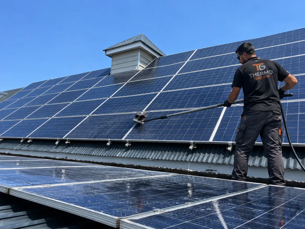 Thermo Group technician cleaning solar panels in Table View / Blouberg