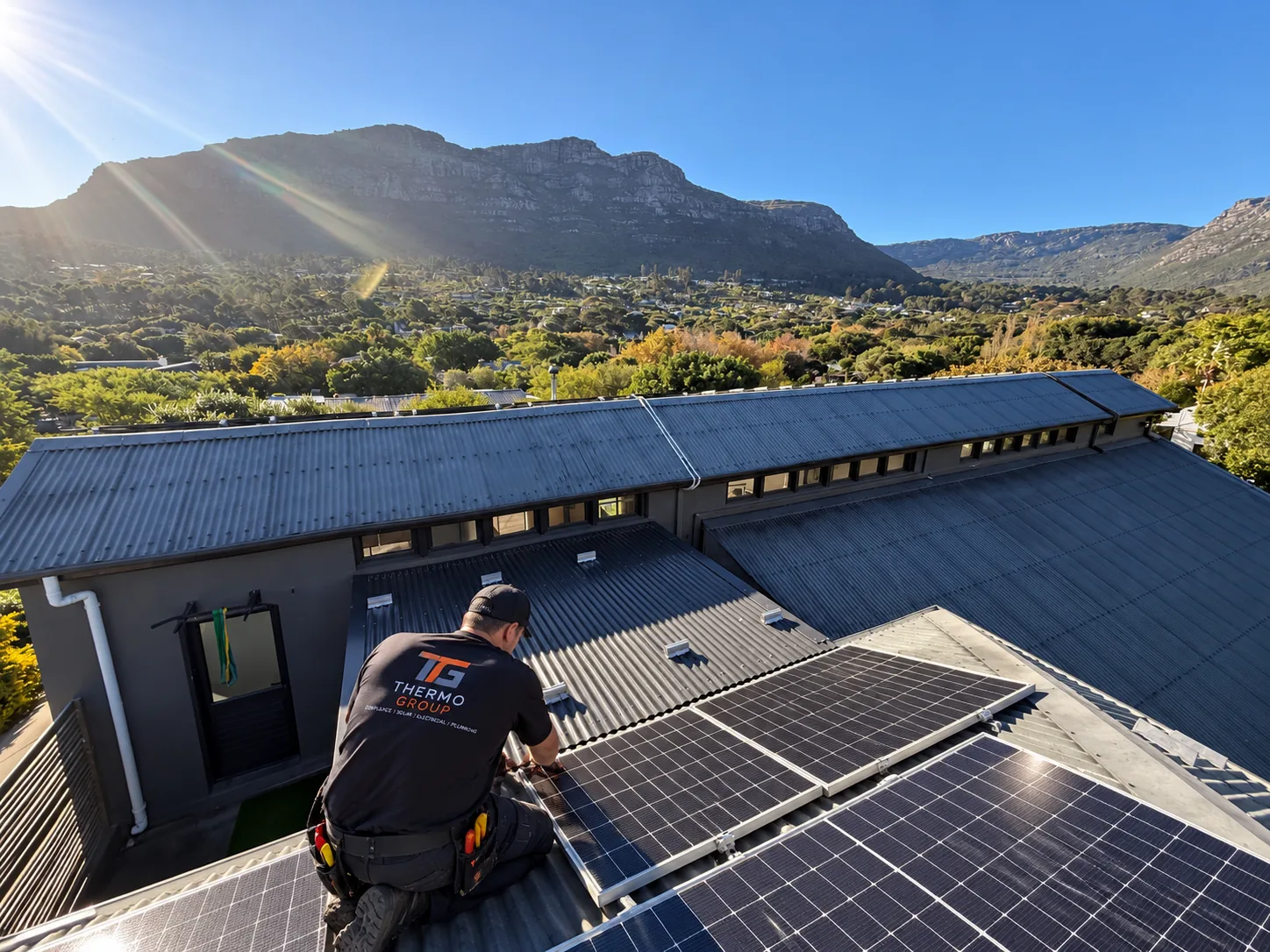 Solar panel installation on a Hout Bay rooftop with mountain backdrop