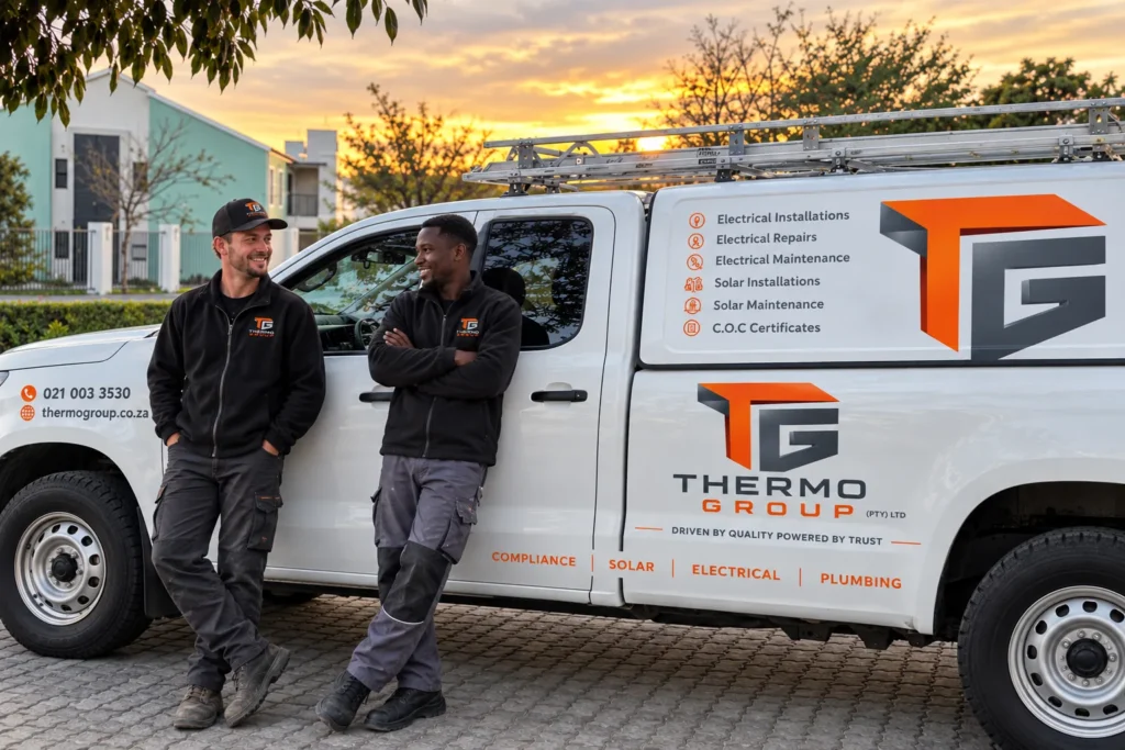 Thermo Group technicians beside a branded vehicle at a Milnerton residential solar installation