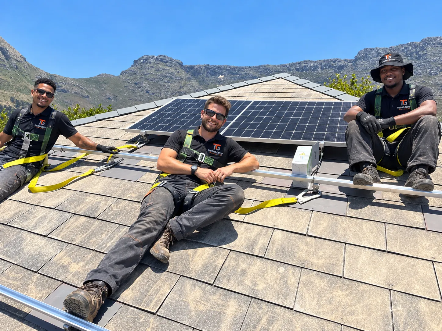 Thermo Group solar technicians on a Cape Town rooftop beside a solar panel installation