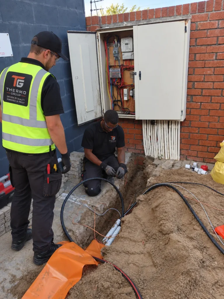 Thermo Group technician connecting underground electrical cabling to a new distribution board