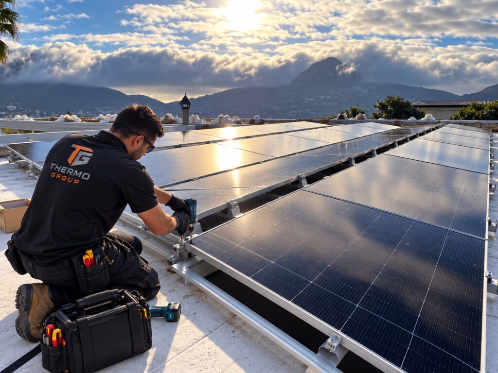 Thermo Group technician installing solar panels on a coastal home roof at sunset